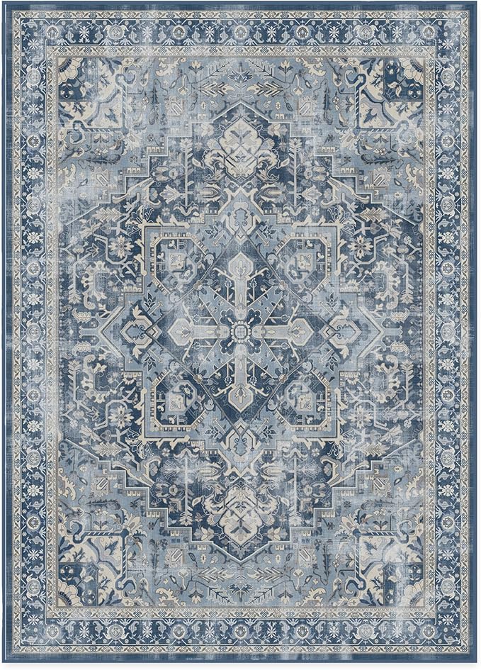 RUGGABLE Washable Area Rug – Kamran Admiral Blue 10x14, Stain-Resistant, Non-Slip – Large Machine Washable Rugs for Living Room, Bedroom, Hallway, Entryway & Office–with Cushioned Pad