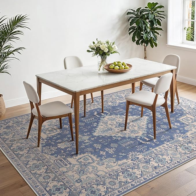 Bavni Vintage 8x10 Area Rugs, Boho Oriental Living Room Rug, Machine Washable Rug Non Slip, Distressed Print Indoor Large Blue Rugs, Low Pile Ultra-Thin Soft Carpet for Bedroom, Dining Room, Farmhouse