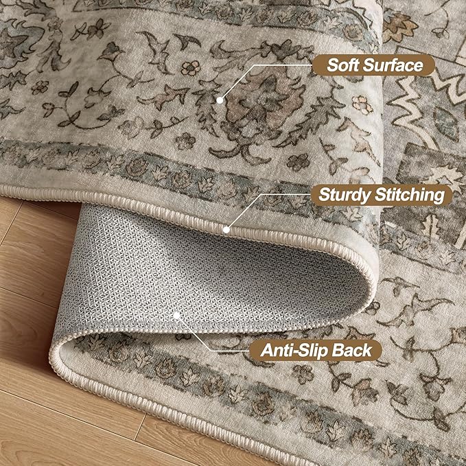 Tangsoo 5x7 Area Rug Washable Rug for Living Room, Vintage Indoor Non Slip Large Area Rugs, Print Distressed Grey Carpet, Soft Low Pile Foldable Floor Rug for Bedroom Dining Room Dorm