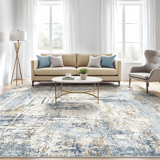 8x10 Area Rugs Washable Rug: Living Room Large Abstract Modern Soft Stain Resistant Indoor Floor Non Slip Accent Carpet for Bedroom Nursery Playroom Office Dining Room Dorm Home House- Blue