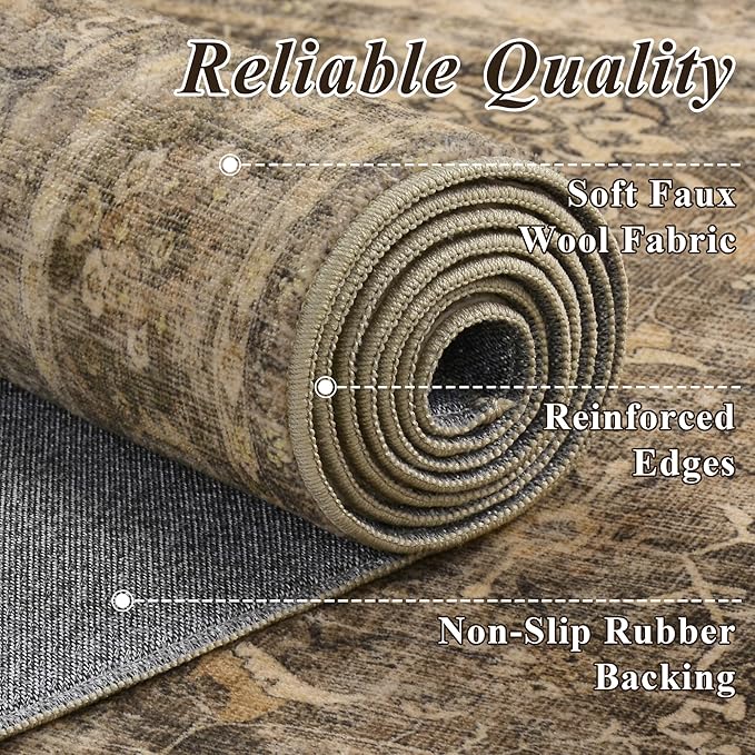 2x6 Runner Rug for Hallways Vintage Distressed Non Slip Long Carpet Floral Boho Distress Print Pattern Mat Lightweight Retro Accent Throw Carpet for Kitchen Bedroom Bedside Laundry Room-Brown ﻿