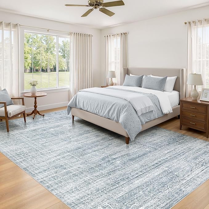 6x9 Area Rugs Living Room: Washable Large Vintage Blue Rug Neutral Non-Slip Soft Stain Resistant Indoor Carpet for Bedroom Nursery Dining Room Under Table Bed Home House Office Playroom