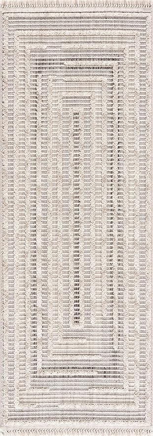 Hauteloom Lunao Farmhouse Living Room Bedroom Moroccan Square Pattern Abstract Area Rug - Soft Shaggy High Low Carpet - High Pile - Bohemian, Boho - Gray, Brown, Beige, Cream - 7'10" x 10'