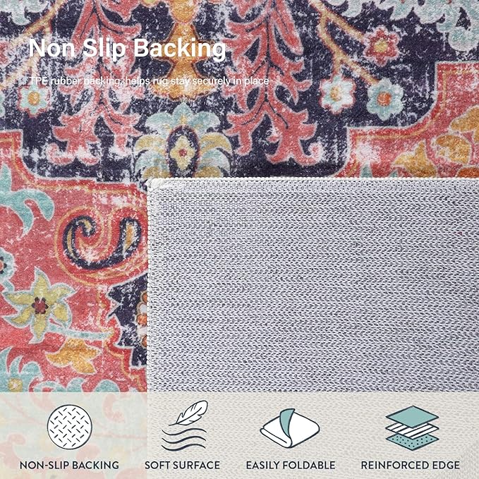 Lahome 8x10 Area Rugs for Living Room, Washable Rugs for Bedroom Aesthetic Large Dining Room Rugs for Under Table, Bohemian Printed Low Pile Nursery Carpet for Playroom Home Office, Fuchsia/Multi