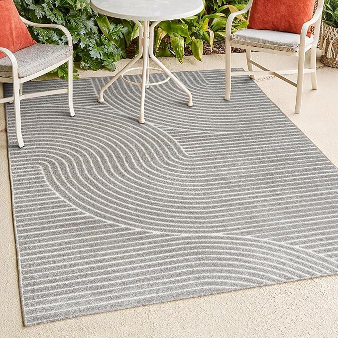 JONATHAN Y Hallie High-Low Curve Gray/Ivory Indoor/Outdoor Area Rug, 6x9, Minimalist, Pet Friendly, Non-Shedding, Stain Resistant, Hose-Washable for Backyard, Patio, Porch (SCN100A-6)