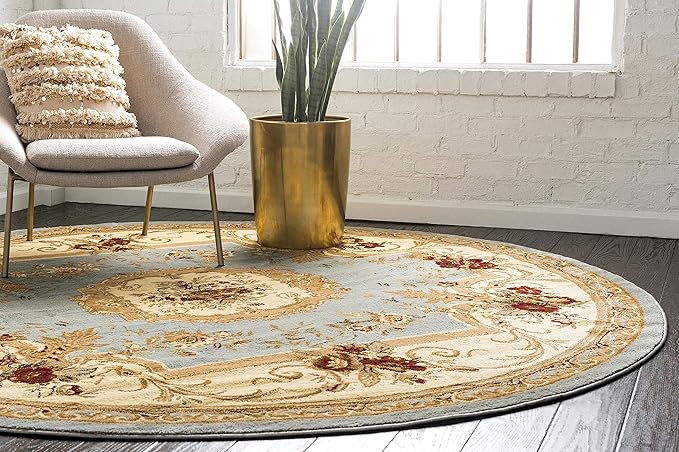 Unique Loom Versailles Collection Traditional Classic Floral Motif Area Rug (6' 0 x 6' 0 Round, Slate Blue/ Ivory)