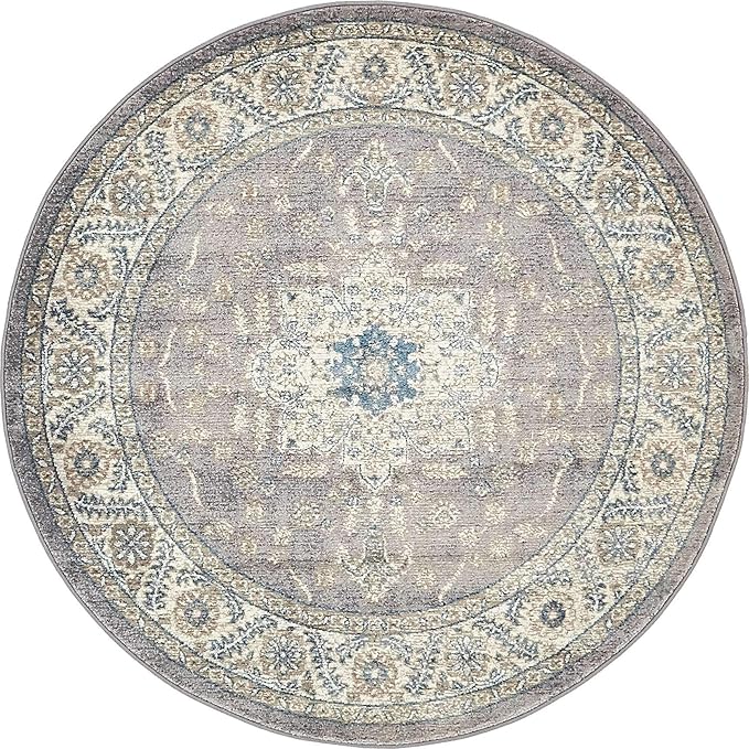 Unique Loom Salzburg Collection Classic Traditional Design Oriental Inspired Border Area Rug (5' 0 x 5' 0 Round, Gray/Beige)