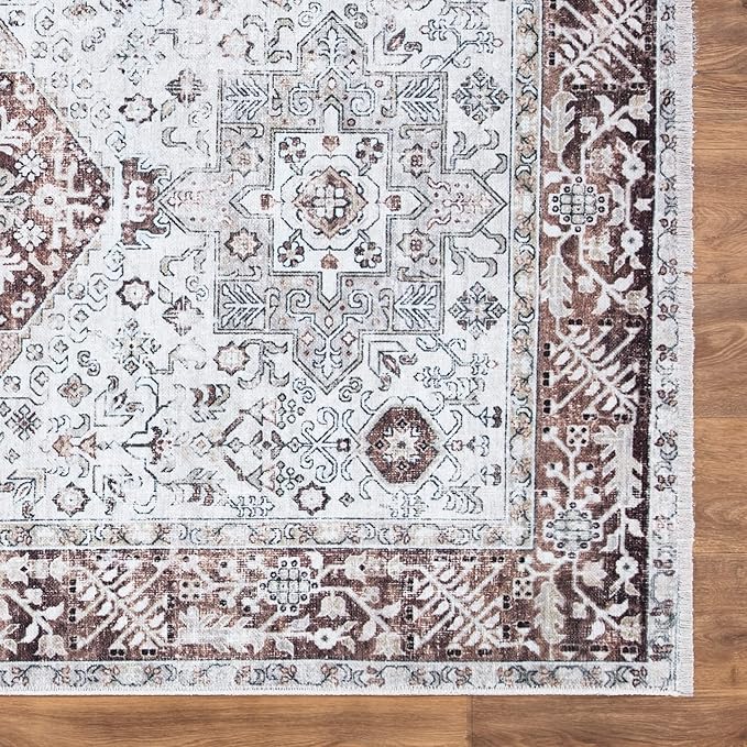 Bloom Rugs Caria Washable Non-Slip 9x12 Rug - Beige/Brown Traditional Area Rug for Living Room, Bedroom, Dining Room, and Kitchen - Exact Size: 9' x 12'
