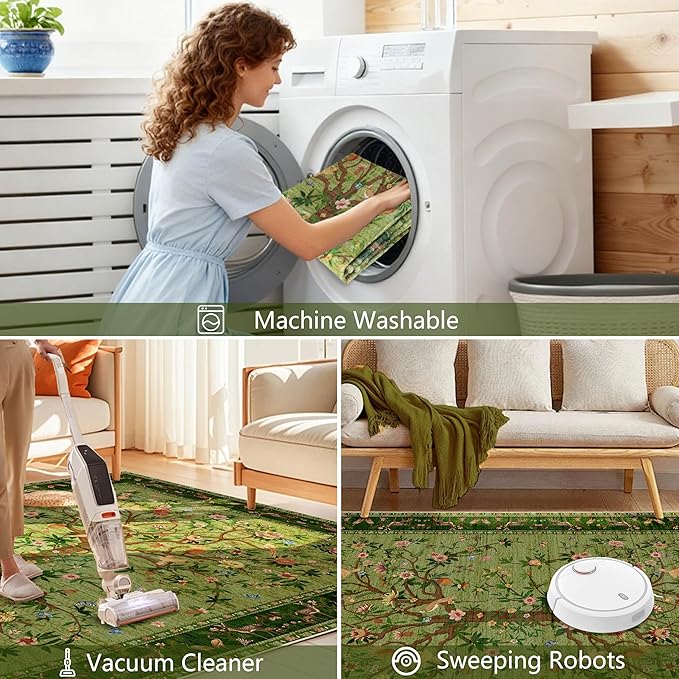 Door Mat Entryway Rug 2x3, Machine Washable Non-Slip Small Area Rug, Boho Floral Low Pile Throw Rugs for Entrance, Front Door, Entry, Kitchen, Kids Room（Green）