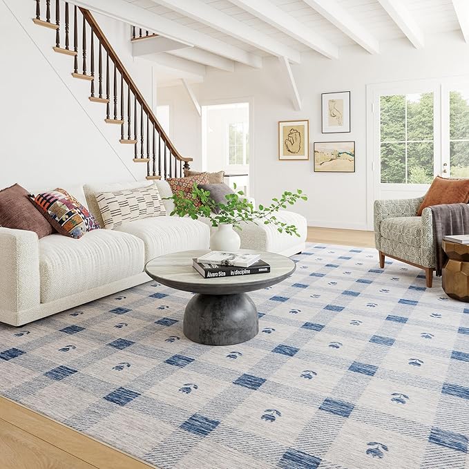 Dash & Albert Valen Plaid Blue Machine Washable Rug, 7.5 X 9.5 Feet, Blue/White Plaid Pattern