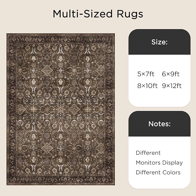 6x9 Rugs for Living Room, Soft Large Area Rugs Brown Washable Rug, Indoor Vintage Rugs for Bedroom Home Office Laundry, Rubber Backed Non Slip Low Pile Carpet, Dark Brown