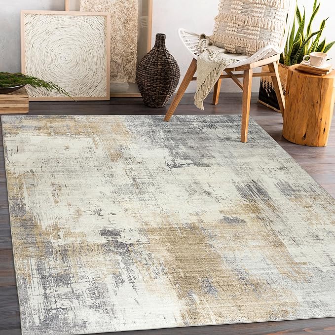 ReaLife Rugs Machine Washable Area Rug - Living Room Bedroom Bathroom Kitchen Entryway Office - Padded Low Pile Stain Resistant Premium - Modern Abstract Contemporary - Quinn - Beige 6' x 8'