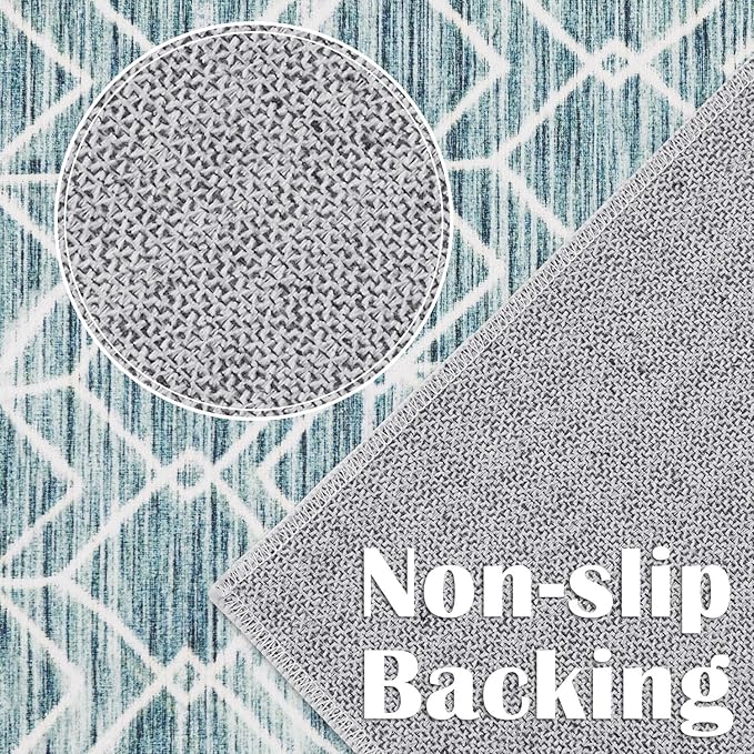 jinchan Moroccan Runner Rug 2x6 - Kitchen Machine Washable Runner Rug Modern Geometric Low-Pile Lightweight Non-Slip Carpet for Entryway Hallway Laundry Room Bedroom Bedside (2x6ft, Teal Blue)