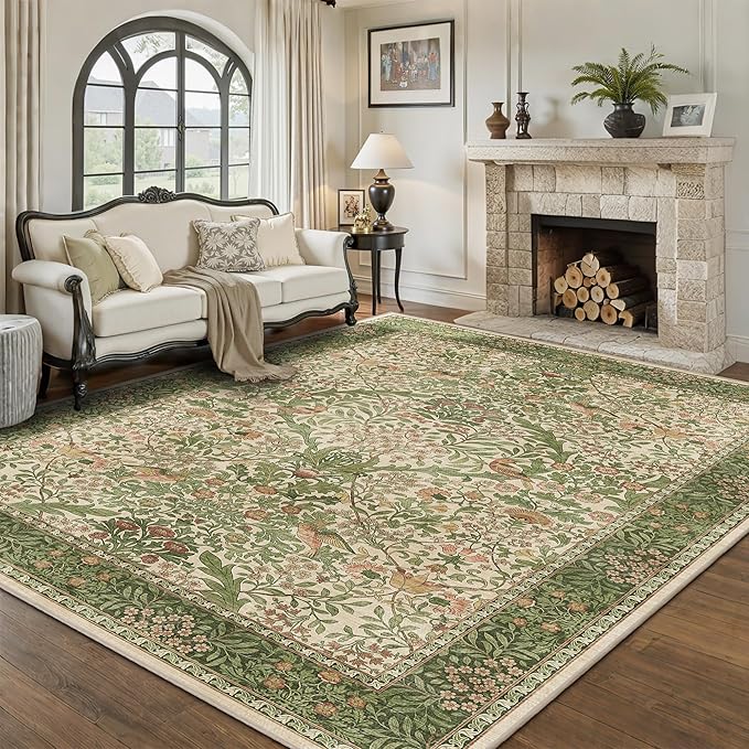 5x7 Floral Washable Area Rug for Living Room, Vintage Boho Rugs for Bedroom Dining Room, Botanical Birds Non Slip Low Pile Forest Throw Carpet for Farmhouse Office, Retro Pink/Green
