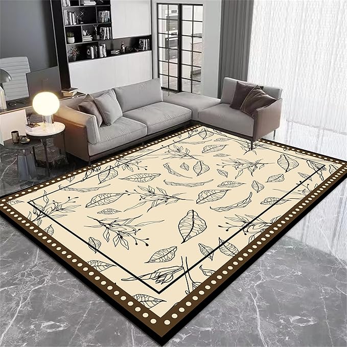 Medieval French Style Area Rugs 4x5ft, Off-White Botanical Leaf Pattern Rug, Low Pile Carpet, Washable & Non-Slip for Living Room, Bedroom, Dining Room, Dorm