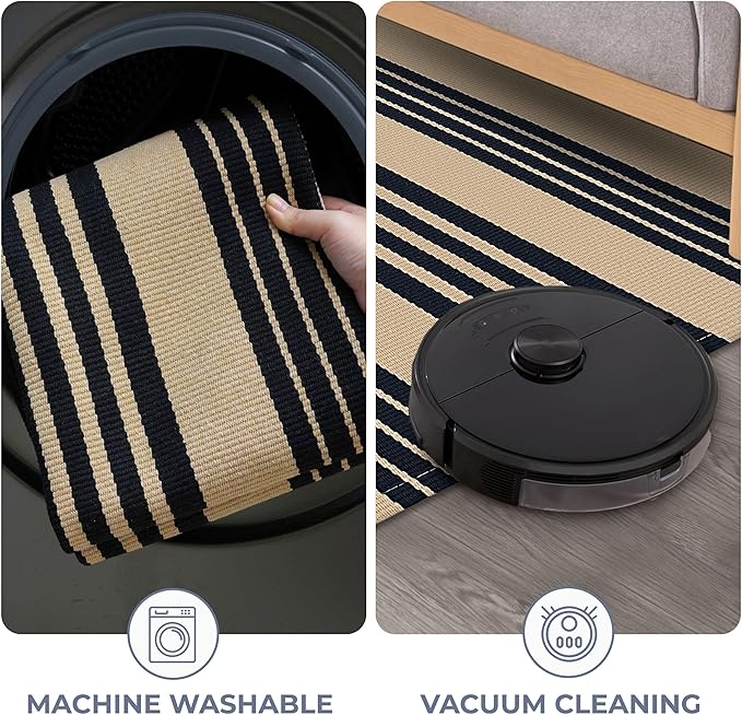 KOZYFLY Striped Outdoor Rug 5x7 Ft Area Rug Brown and Black Washable Indoor Outdoor Rug Cotton Outdoor Patio Rugs Farmhouse Rugs for Living Room Carpet for Patio Dining Room Bedroom