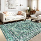 zesthome 5x7 Area Rugs - Ultra-Thin Washble Rug, Stain Resistant Anti Slip Backing Rugs for Living Room,Bedroom, Vintage Home Decor Area Rug(Green/Teal,5'x7')