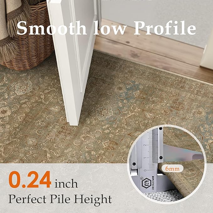 Vintage Area Rug 6x9 Washable Brown Living Room Carpet Large Indoor Non Slip Bedroom Low Pile Kitchen Distressed Retro Accent Throw Rug for Dining Room