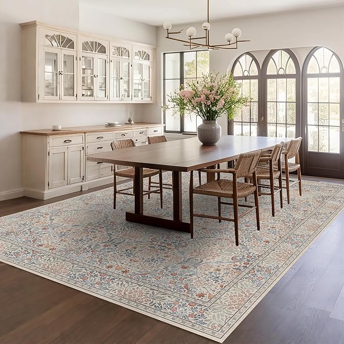 8x10 Floral Washable Area Rugs for Living Room, Vintage Boho Large Rug for Bedroom Dining Room, Distressed Botanical Birds Non Slip Low Pile Forest Animal Throw Carpet for Farmhouse Office, Beige Blue