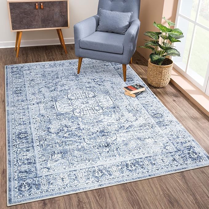 Bloom Rugs Washable Non-Slip 8' x 10' Rug - Ivory/Denim Blue Traditional Medallion Area Rug for Living Room, Bedroom, Dining Room, and Kitchen - Exact Size: 8' x 10'