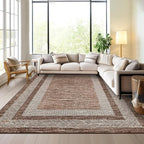 GarveeHome Washable Rug 5x7 Modern Bordered Rug with Non Slip Rubber Backing, Low Pile Thin Carpet, Soft Non Shedding Floor Covering, Foldable Printed Carpet for Living Room Bedroom, Brown