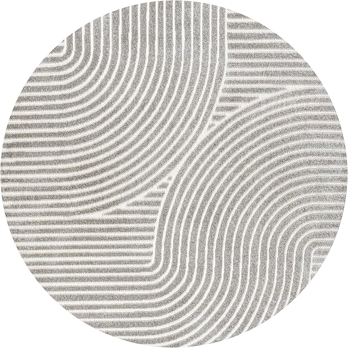 JONATHAN Y Hallie High-Low Curve Gray/Ivory 7' Round Indoor/Outdoor Area Rug, Minimalist, Pet Friendly, Non-Shedding, Stain Resistant, Hose-Washable for Backyard, Patio, Porch (SCN100A-7R)