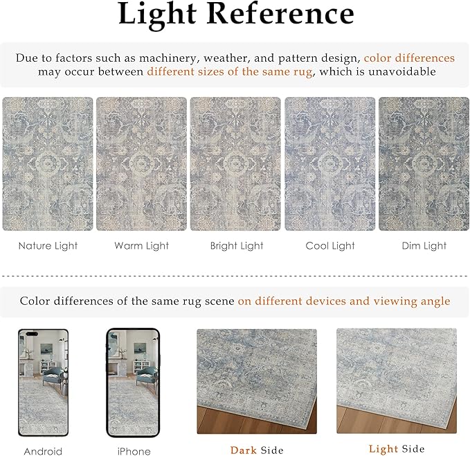 8x10 Blue Washable Area Rug for Living Room Bedroom Neutral Soft Non Slip Rug Low Pile Vintage Distressed Carpet for Dining Room Nursery Office Indoor