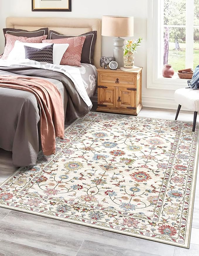 3x5 Washable Area Rug - Small Entryway Rug Non-Slip Cream Colorful Vintage Traditional Floral Kitchen Rugs Low Pile Boho Carpet Throw Rugs for Living Room Bedroom Bathroom Entrance Dorm Office