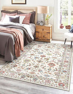 3x5 Washable Area Rug - Small Entryway Rug Non-Slip Cream Colorful Vintage Traditional Floral Kitchen Rugs Low Pile Boho Carpet Throw Rugs for Living Room Bedroom Bathroom Entrance Dorm Office