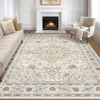 7x10 Area Rug Living Room: Washable Boho Large Neutral Vintage Soft Rugs Stain Resistant Farmhouse Non-Slip Indoor Floor Carpet for Bedroom Nursery Kids Playroom Office Dining Room- Cream Blue