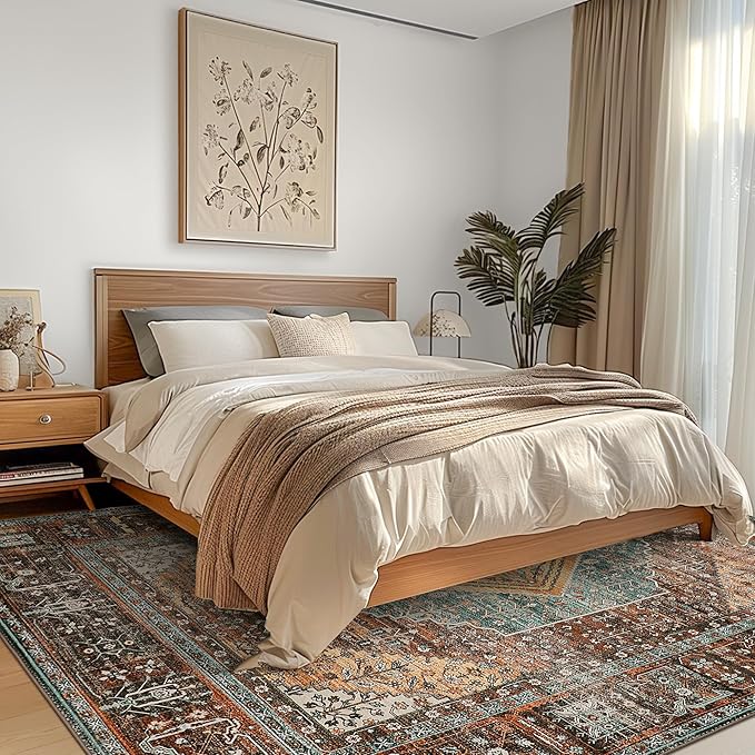 Bavni Washable Rug 3x5 Area Rug for Living Room Bedroom Dining, Washable Print Carpet, Low Pile Lightweight Rug with Non Slip Backing, Vintage Brown/Blue