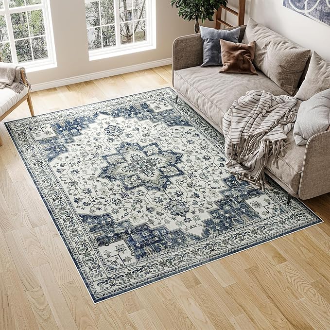 Dripex 9x12 Area Rugs - Stain Resistant Washable Rug Distressed Rugs for Living Room Dining Room Bedroom Anti-Slip Low-Pile and Soft Accent Rug Farmhouse Office Home Decor, Pet & Child Friendly