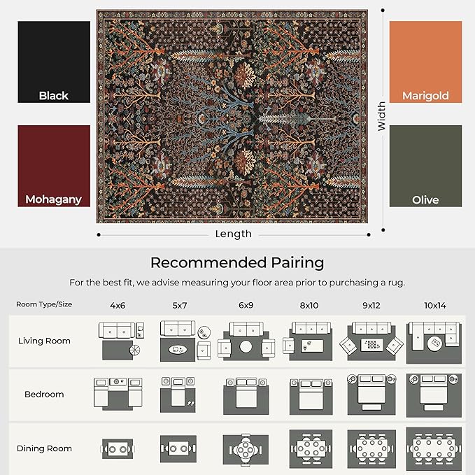 Kokia Boho Vintage Floral Area Rugs, Washable Oriental Botanical Rugs for Living Room, Bedroom, Dining Room, Office, Large Soft Indoor Area Rug, Wild Black，9x12