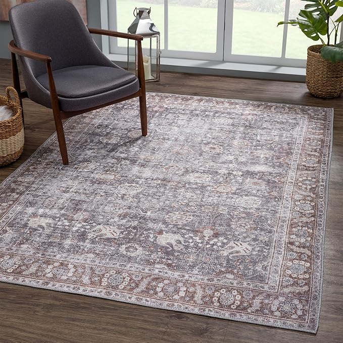 Bloom Rugs Washable 9' x 12' Rug - Brown/Dark Gray Traditional Area Rug for Living Room, Bedroom, Dining Room, and Kitchen - Exact Size: 9' x 12'