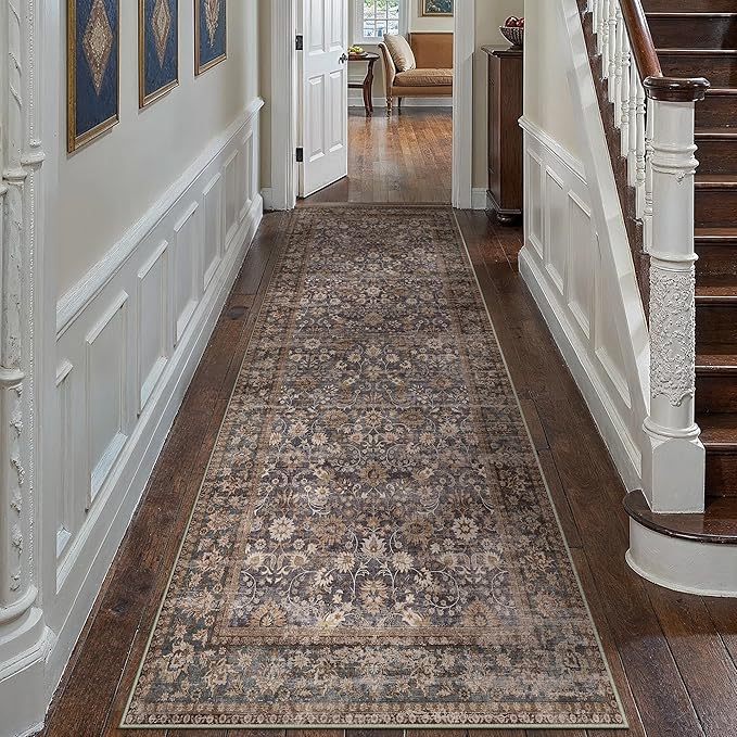 HUGEAR 3x10 Runner Rug Machine Washable Tradition Brown Hallway Area Rug Indoor Accent Rug Floral Low Pile Carpet Soft Throw Rug Bedroom Living Room Office Dining Room Kitchen Laundry Room Non Slip