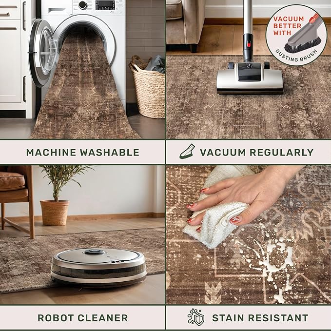 Brown 9x12 Living Room Rug - Vintage Western Eclectic Unique Neutral Taupe, Washable Low Pile Non-Slip Large Area Rugs for Dining Under Table Bedroom Under Bed