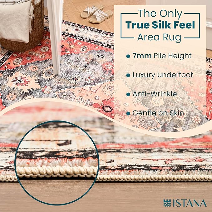 Istana Hallway Runner Rug 2x8 – Red/Teal Entryway Rug -Silk's Soft Touch Runners for Hallways - Stylish Kitchen Runner Rug Non Slip