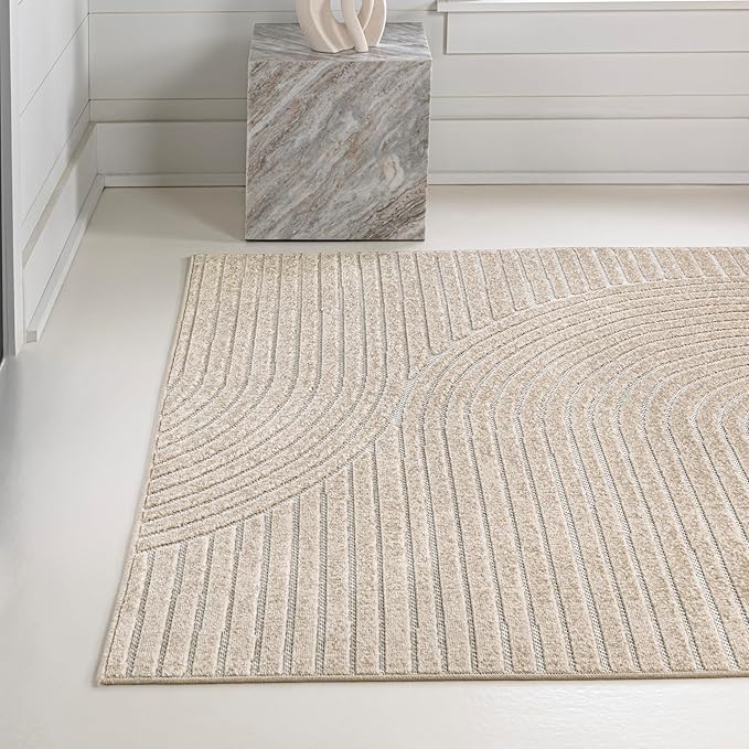 JONATHAN Y Hallie High-Low Curve Beige/Cream 2x8 Indoor/Outdoor Runner Rug, Minimalist Geometric, Pet Friendly, for Patio, Backyard, Living Room, Bedroom, Office, Hose-Washable (SCN100D-28)