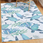 Tritard Coastal Sea Turtles Area Rugs Beach Themed Nautical Starfish Coral Accent Rugs Non-Slip Sea Marine Life Rugs Floor Carpet for Living Room Bedroom, Teal, 5x7 Feet