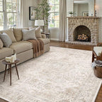 HUGEAR Area Rug 8x10 Vintage Beige Machine Washable Living Room Rugs Thin Neutral Floral Vacuumable Low Pile Carpet Bedroom Office Dining Room Laundry Room Non Slip Soft Lightweight