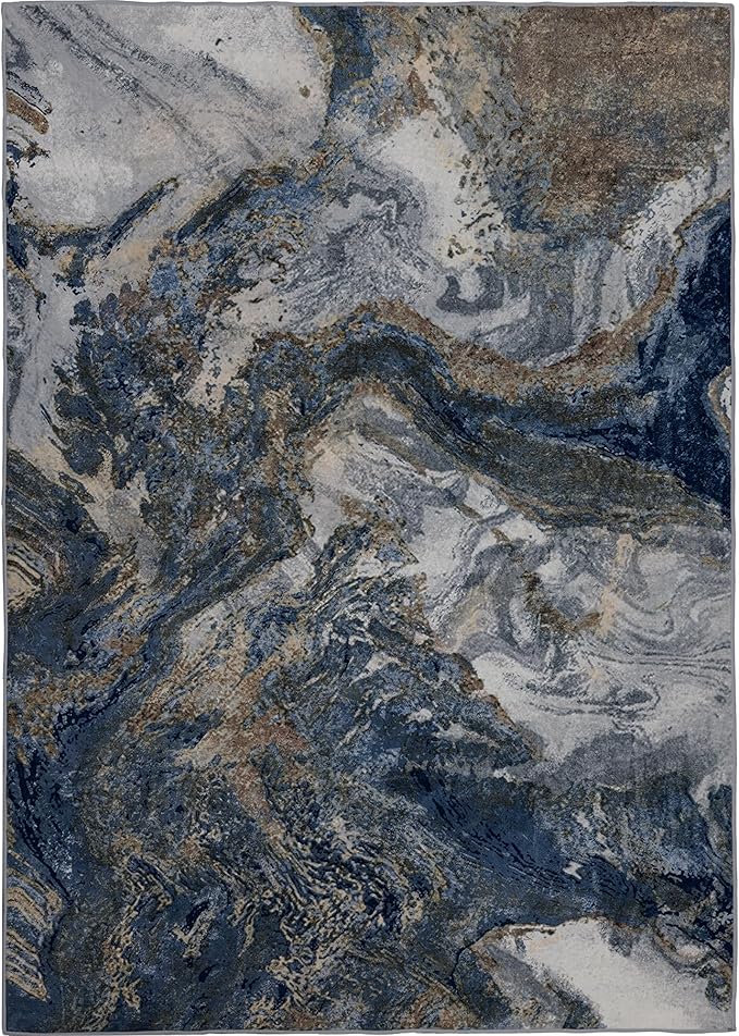 Modern Washable Rug for Living Room: Abstract 9x12 Area Rugs for Bedroom Low Pile Non Slip - Stain Resistant Carpet for Dining Room Indoor - Blue Gold