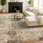 Vintage Dark 6x9 Living Room Rug - Green and Brown Modern Abstract Rug for Dining Room Under Table, Bedroom, Washable Non Slip Soft Rust Taupe Faded Print Mat