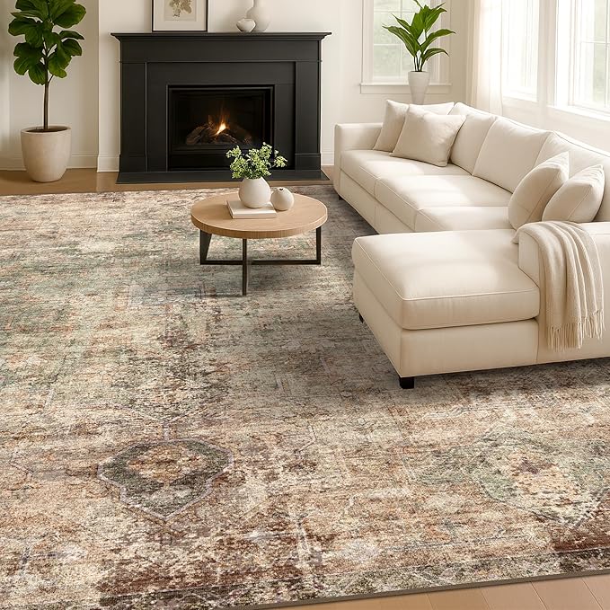 Brown and Green Rug for Entryway Indoor - Washable 5x7 Modern Abstract Area Rug for Foyer, Living Room, Home Office, Low Pile & Stain Resistence