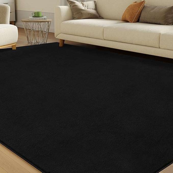 Solid Washable Area Rug - 8x10 Medium Pile Faux Cashmere Carpet for Living Room Bedroom, Black