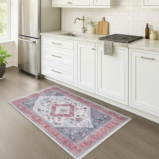 Fame Rugs Turkish Rug. Washable Vintage Oriental Antique Inspired Traditional Doormat Small Modern Area Rugs Luxury Entryway Entry Bedroom Bathroom Kitchen (402RN, 2'5 x 13'1)