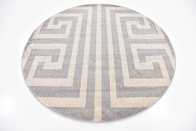 Unique Loom Athens Collection Classic Geometric Modern Border Design Area Rug (6' 0 x 6' 0 Round, Gray/ Beige)