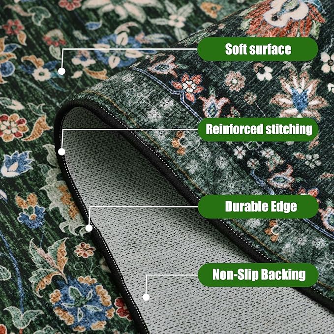 Runner Rugs 2x7 Boho Washable Area Rugs for Entryway Bathroom Kitchen, Long Rugs for Hallway Soft Low Pile Non-Slip Rubber Backing Oriental Dark Green