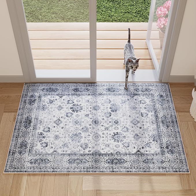 Rugcomf Door Mat Indoor Entrance 2x3 Rug Machine Washable Small Area Rug Non-Slip Low Pile Throw Rugs for Entryway, Kitchen, Front Door Indoor Entrance, Entry, Kids Room (Grey and White)