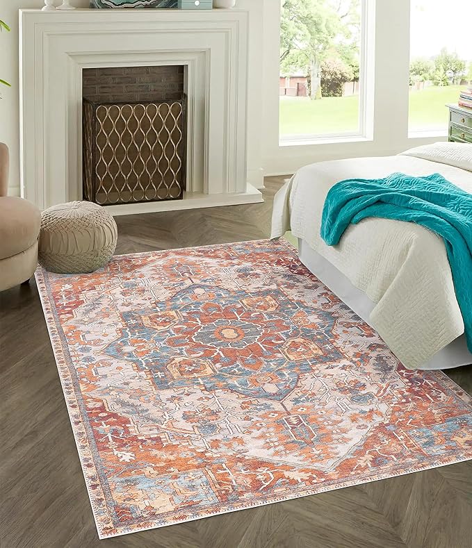 GLN Rugs Traditional Collection - Machine Washable Area Rug, Traditional Washable, Non Slip, Low Pile Chenille Rug, Living Room, Bedroom, Kitchen Rug (3' x 5' Cream/Terra)