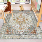 Moynesa Ultra-Thin Washable Area Rug - 4x6 Vintage Living Room Rugs Non-Shed Non Slip, Oriental Low Pile Indoor Accent Floor Carpet for Bathroom Bedroom Laundry Mudroom Entrance, Beige/Gold